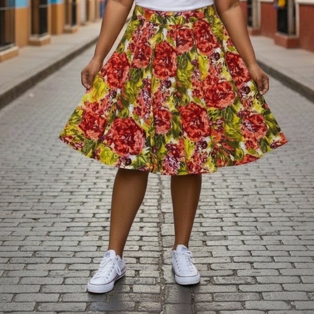 💥SOLD💥 Grace Elements- Floral A-Line Skirt in Red and Lime